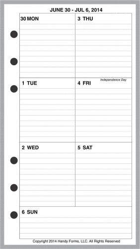 2015 Insert 1 Page/Week Month Planner Filofax Personal Daytimer Portable Size