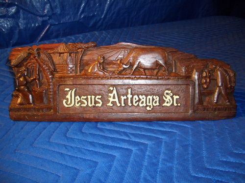 Vintage Hand Carved &#034;Farm Sceen&#034; Solid Wood Wedge Name Plate Engraved Arteaga Sr