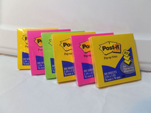 (6) Packs of Post-it 3 x 3 Pop Up Note Pad Refills 100 Sheets Each Bright Colors
