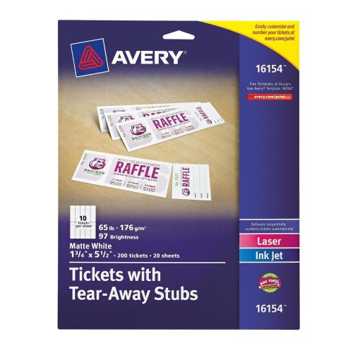 Avery 1.75 x 5.5&#034; Raffle Tickets with Tear-Away Stubs 200 Pack Matte White 16154