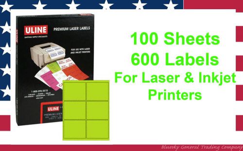 600 Uline S-3848G 4&#034; x 3-1/3&#034; Fluorescent Green Premium Laser Printer Label