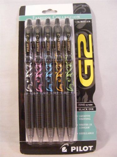 Pilot G2 Fashion Collection Gel Roller Pen 5 Pack Fine 0.7mm Black Ink  #31373