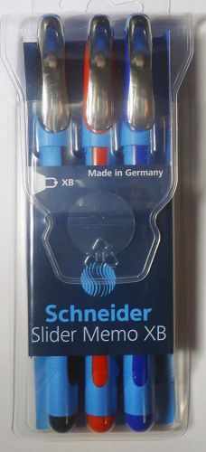 New 1 pack of 3 Schneider Slider Memo XB Ballpoint Pens Black Red Blue