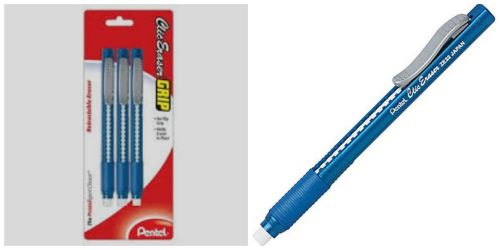 Pentel Clic Eraser with Grip, 3/Pack - Blue - Retractable Pocket Size - New