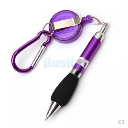 3x Retractable Badge Reel Ballpoint Pen Belt Carabiner Clip Key Ring Purple