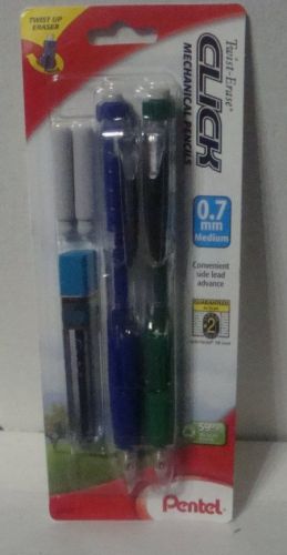 2  Pentel Twist-Erase Side Click Mechanical Pencils BLUE/GREEN BARRELS 0.7mm