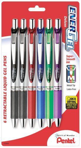 New Gel Ink Pens Pentel Deluxe RTX 6 Asst. Colors 0.7 Retractable Med. Metal