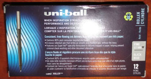 12 Uni-Ball ROLLER Pens .7mm Fine Black ~  Made with Recycled Plastic!