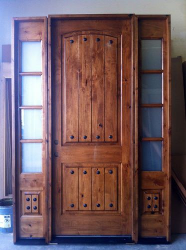 Custom solid wood front entry wood door with (2) sidelights rustic design for sale
