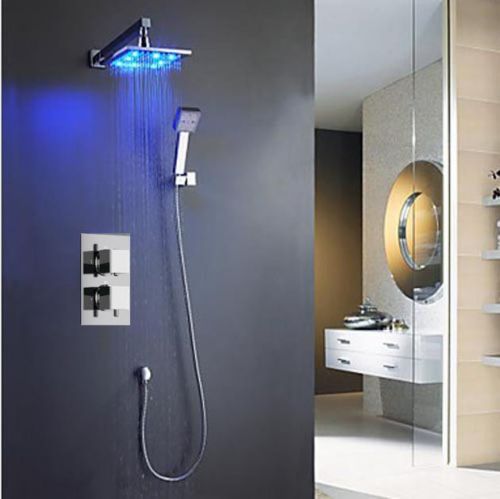 Chrome Finished LED 8&#034; Rainfall Thermostatic Shower Faucet Set + LED Handshower