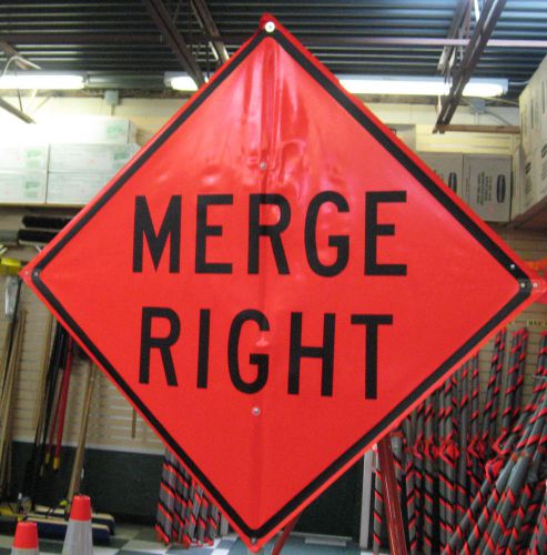 Merge Right  Fluorescent Vinyl With Ribs Road Sign 48&#034; X 48&#034;