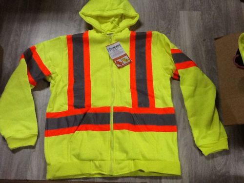 1 New Large hi-vis safety striped lime yellow fleece lined hoodie  CSA