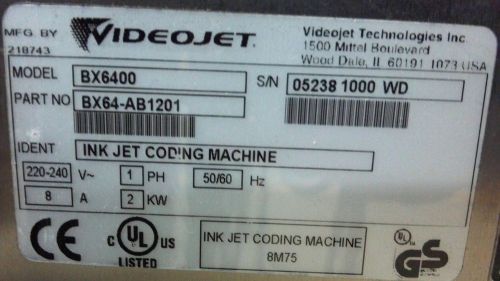 Videojet dual head bx 6400 printer, used in good condition working equipment for sale