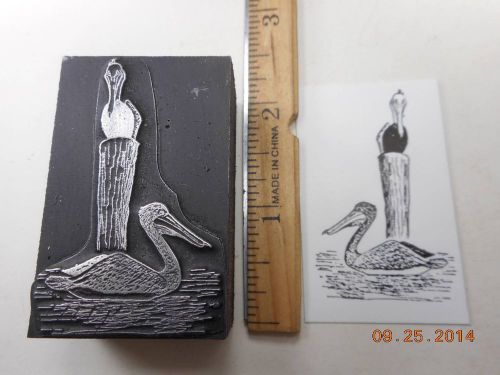 Letterpress Printing Printers Block, 2 Pelican Birds, One on Piling