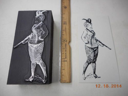 Letterpress Printing Printers Block, Old Fashion Hunting Attire modeled by Woman