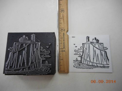 Letterpress Printing Printers Block, Lighthouse w Keeper&#039;s House on Tall Cliff