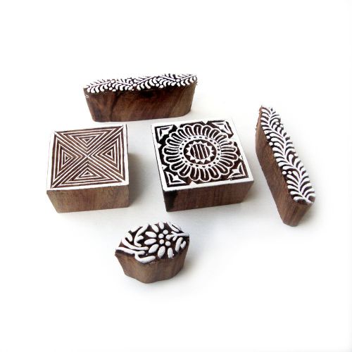 Hand Carved Floral and Geometric Designs Wooden Printing Blocks (Set of 5)