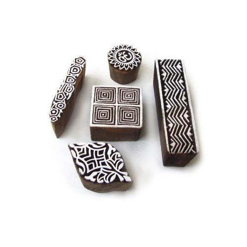 Hand Crafted Spiral &amp; Religious Designs Wooden Printing Blocks (Set of 5)