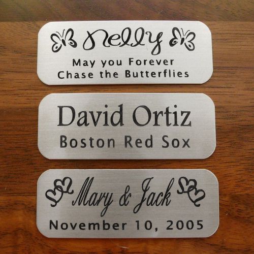 Engraved silver nickel plate picture frame art label name tag 2&#034; x 3/4&#034; adhesive for sale