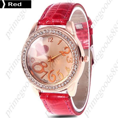 Heart Big Numbers Rhinestones PU Leather Ladies Quartz Wristwatch Women&#039;s Red