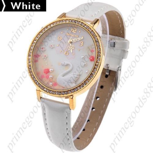 Swan Flower Flowers PU Leather Quartz Wrist Round Wristwatch Women&#039;s In White