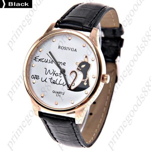 Cat Round Case PU Leather Quartz Wrist Wristwatch Free Shipping Women&#039;s Black