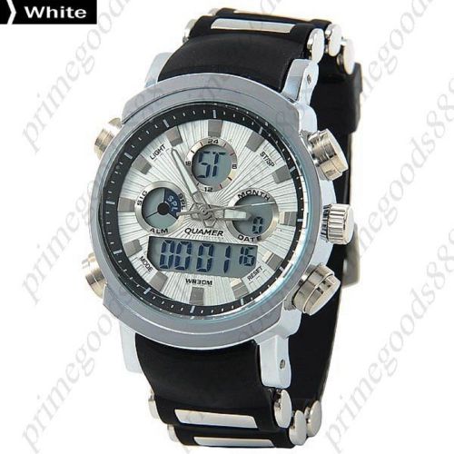 LED LCD Waterproof Analog Digital Quartz Alarm Date Men&#039;s Wristwatch White