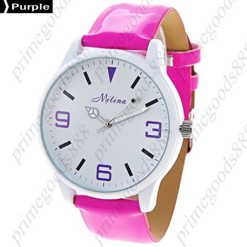 Round Shiny Analog Leather Lady Ladies Wrist Quartz Wristwatch Women&#039;s Purple