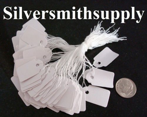100 White paper jewelry price tags write on, string attachment 7/8&#034; x 5/8&#034; label