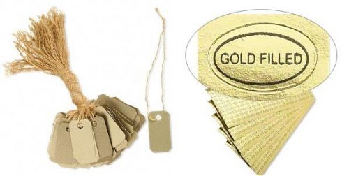 100 pvc gold jewelry price tags 1&#034; x 1/2&#034;  w/ string + 100 &#034;gold filled&#034; labels for sale
