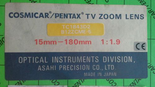 NEW Cosmicar Pentax Burle TV Zoom Lens TC1843D2  B12ZCME-5 15-180mm 1:1.9 Japan