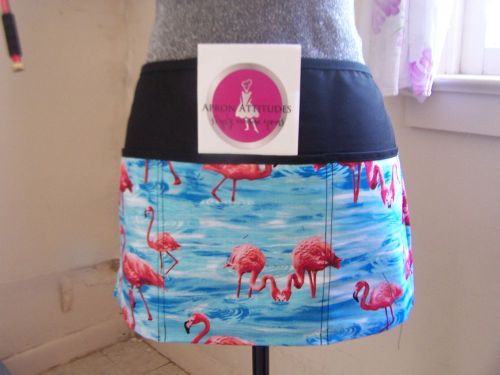 Flamingo print 3 pocket server apron, waitress waist half apron for sale