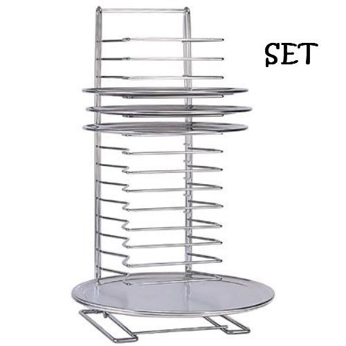 Pizza Tray Pan Rack Stand Holder 15-Tier W/ 4 Wide Rim Pizza Pans 18&#034; ea Winco