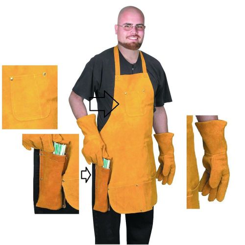 3 Piece Welder&#039;s Leather Double Stitched Combo Set Inc Gloves Apron &amp; Rod Holder