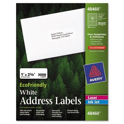 NEW AVERY 48460 EcoFriendly Labels, 1 x 2-5/8, White, 3000/Pack