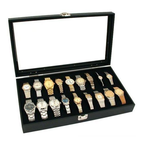 With display pad 18pc black watch travel tray showcase display case unit w/ gla for sale