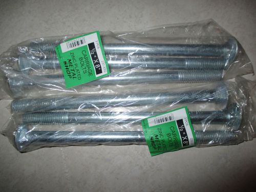 Lot of (6) 8&#034; x 1/2&#034; Carriage Bolts Zinc Plated #232-3002