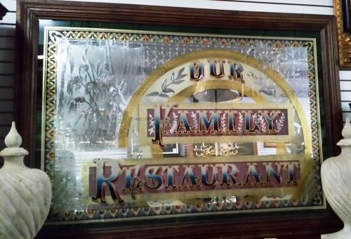 Mirror 7 ft x 5 ft Engraved&#034;Our Family Restaurant&#034; Beautiful Reverse Painting