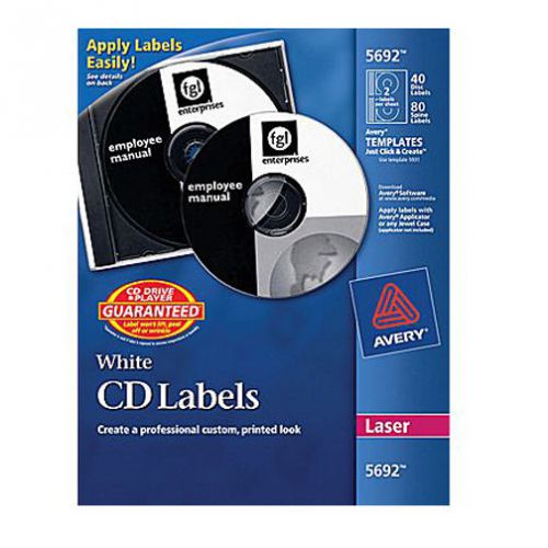 Avery 5692 Permanent Laser CD/DVD Labels, 40 Disk/80 Spine Labels, White