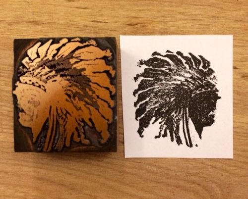 Antique Scary INDIAN CHIEF HEAD Native American Letterpress Print Block 1.5&#034;