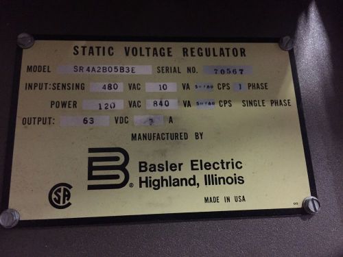 BASLER STATIC VOLTAGE REGULATOR SR4A2B05B3E / 120-480VAC 63VDC AVR
