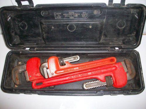 3 CRAFTSMAN HUSKY HEAVY DUTY PIPE WRENCH  (2)14&#034; &amp; (1)10&#034; IN CRAFTSMAN CASE