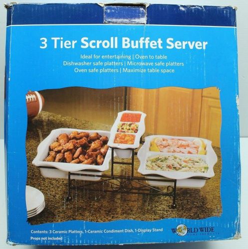 3 Tier Scroll Ceramic Buffet Server Catering Entertain Oven to Table Metal Frame