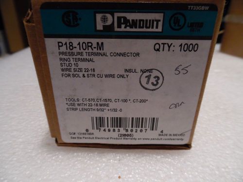 Panduit P18-10R-M Ring Terminal 22 –16 AWG #10 stud size non insulated NIB 1000