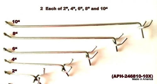 (10 pack)  assorted metal hooks 2 each of 2, 4, 6, 8, 10&#034; pegboard or slatwall for sale