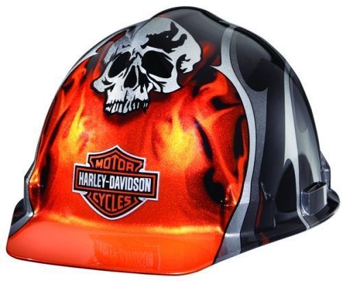 Harley Davidson Hard Hat Orange Metallic Flames Blades &amp; Skull Design # HDHHAT30