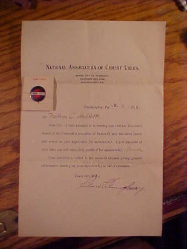 1910 Letter &amp; Pin from National Association of Cement Users Richard Humphrey