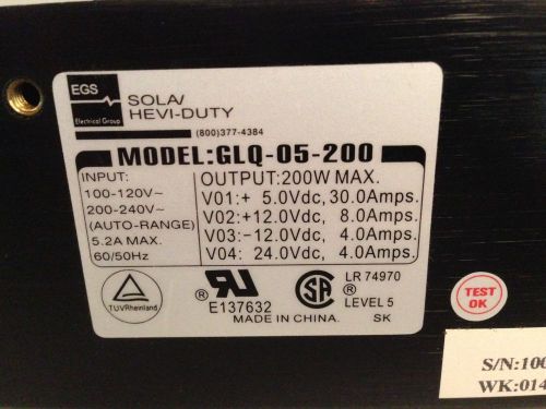 Sola GLQ-05-200 Power Supply 100-240AC IN- 5,12+12-,24VDC out  *5 TOTAL IN STOCK