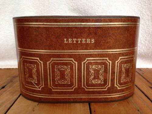 Vintage FAUX LEATHER OVAL LETTER MAIL HOLDER DESK TOP ORGANIZER Mid Century Box