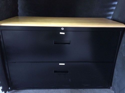 2 metal drawer filing cabinet w/ blonde wood top for sale